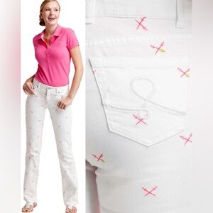 Lilly Pulitzer- White Jeans with Pink Swords/Green Olives, Embroidery, 12